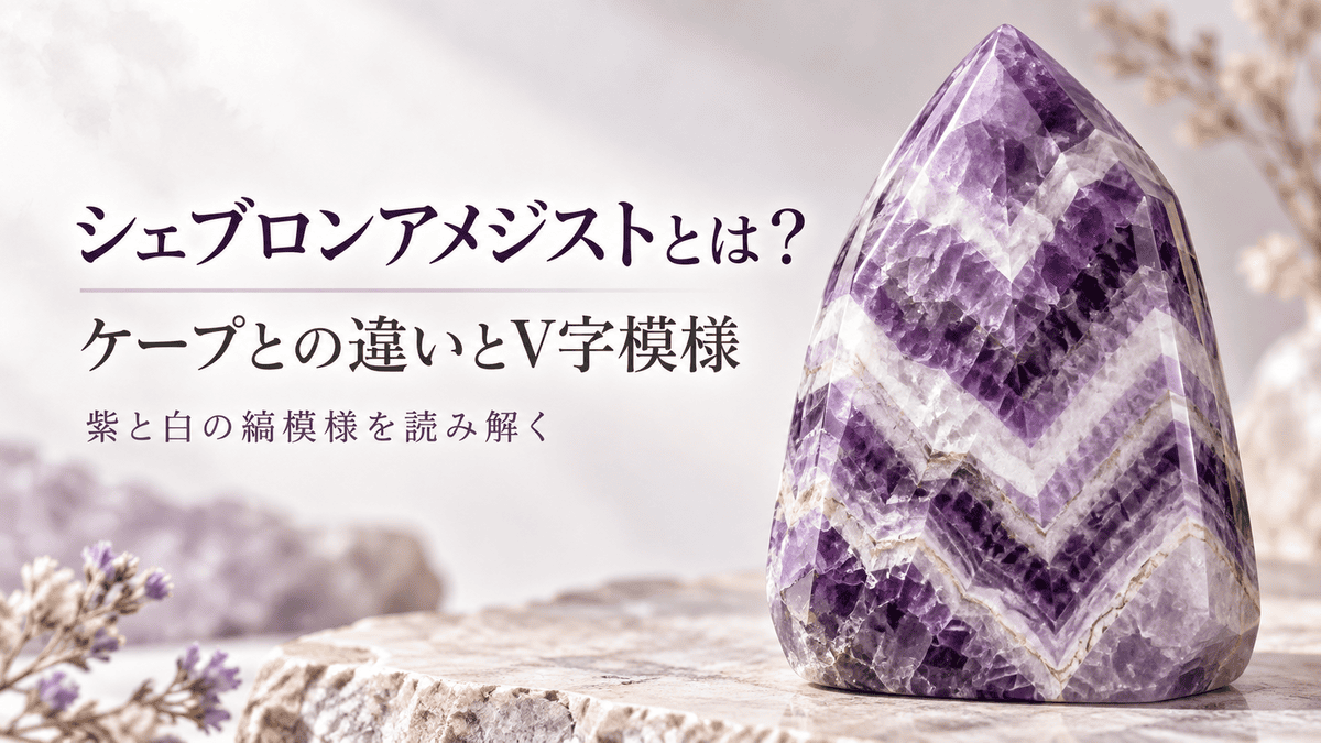 シェブロンアメジストの特徴を表現したイメージ画像。磨かれたポイント状の石に、紫色と白色のV字模様が幾重にも重なっている