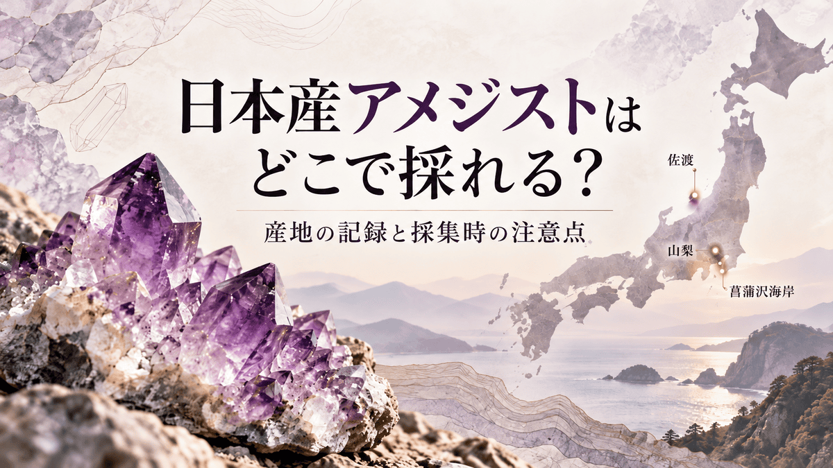 日本産アメジストの産地を紹介するイメージ画像。紫色のアメジスト結晶と日本地図に、山梨・佐渡・菖蒲沢海岸の位置を示したもの