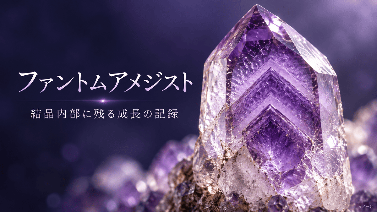 ファントムアメジストの結晶内部に、過去の成長段階を示す山型の輪郭が何層にも重なって見えるイメージ画像 コピー